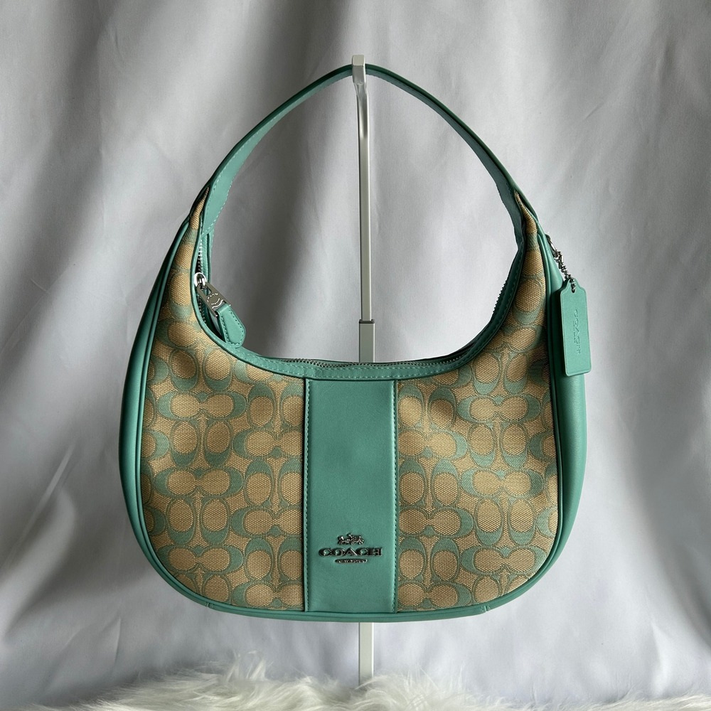 Coach Carmen Teal Khaki Signature Jacquard Leather Shoulder Bag CT765 Excellent